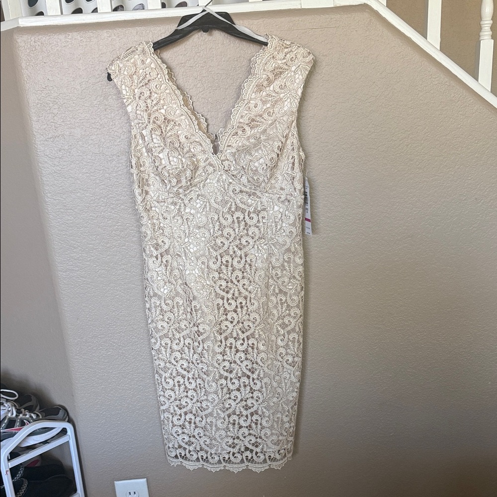 NWT Marina Elegant Lace Sleeveless Dress in Cream/Gold- size 10